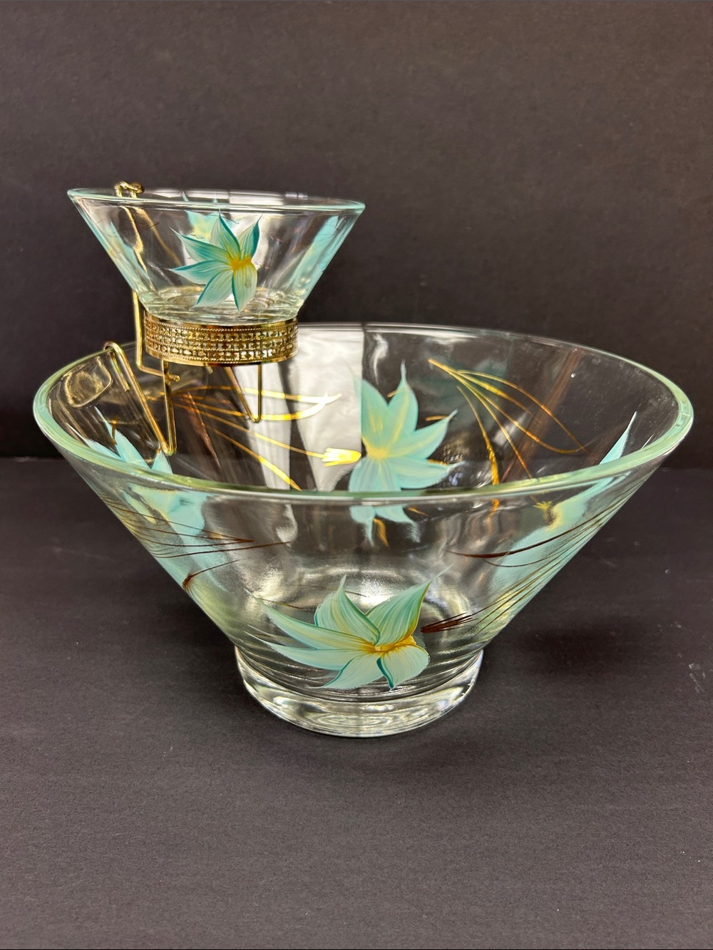 Vintage 1950’s ANCHOR HOCKING 3 piece chip and dip bowl set hand painted flowers